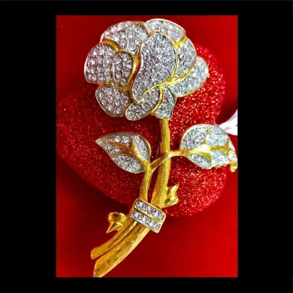 Nolan Miller Signed Large Rhinestone Rose Brooch